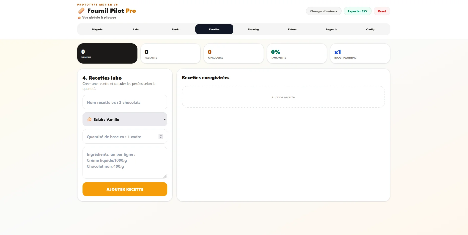 Go Fournil, écran de gestion des recettes